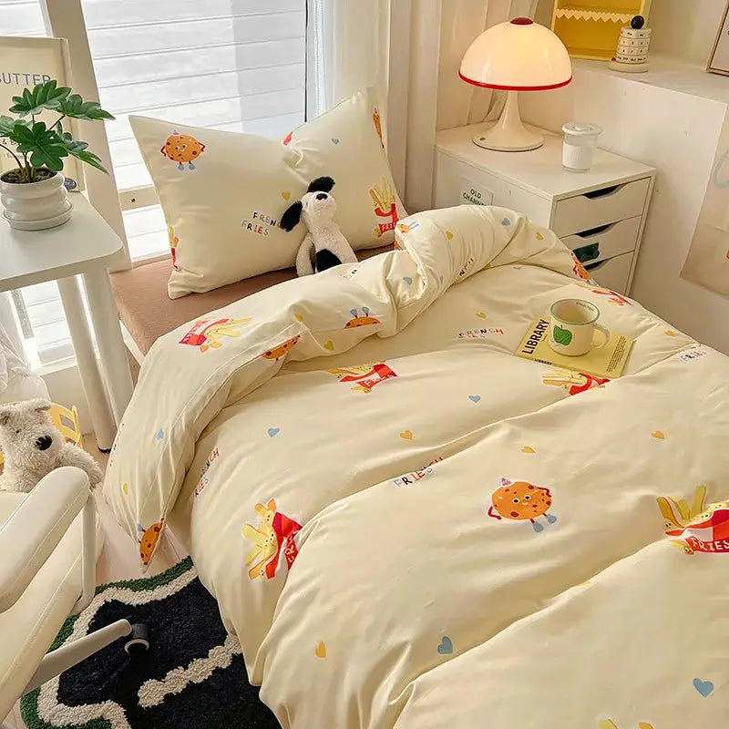 Cartoon style cream & blue bedding sets bedroom cotton cat print