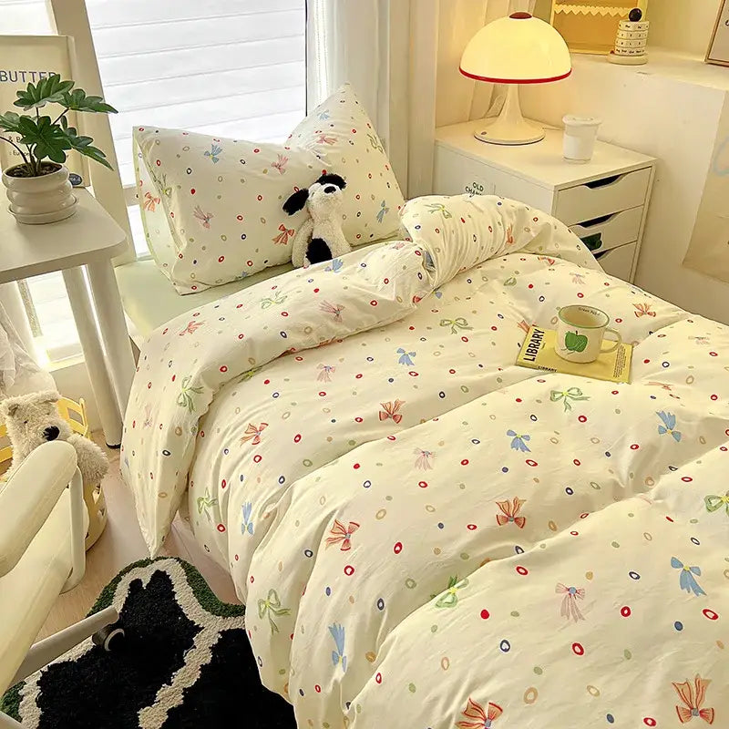 Cartoon style cream & blue bedding sets bedroom cotton cat print