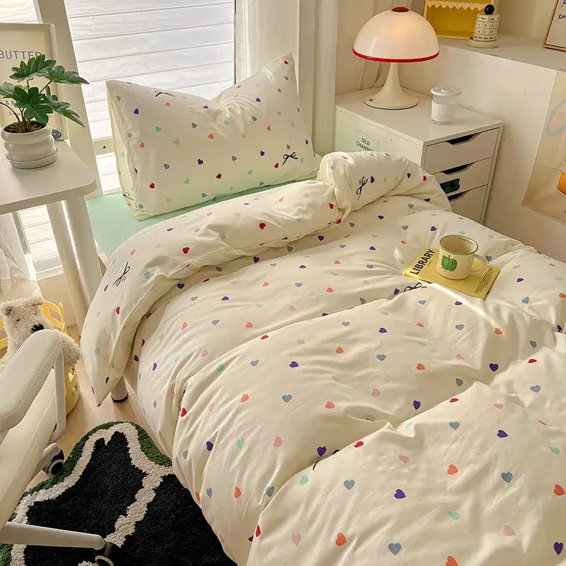 Cartoon style cream & blue bedding sets bedroom cotton cat print