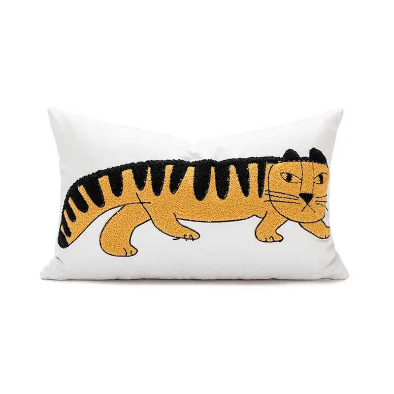 Cartoon tiger embroidered yellow cotton pillow cover bedroom