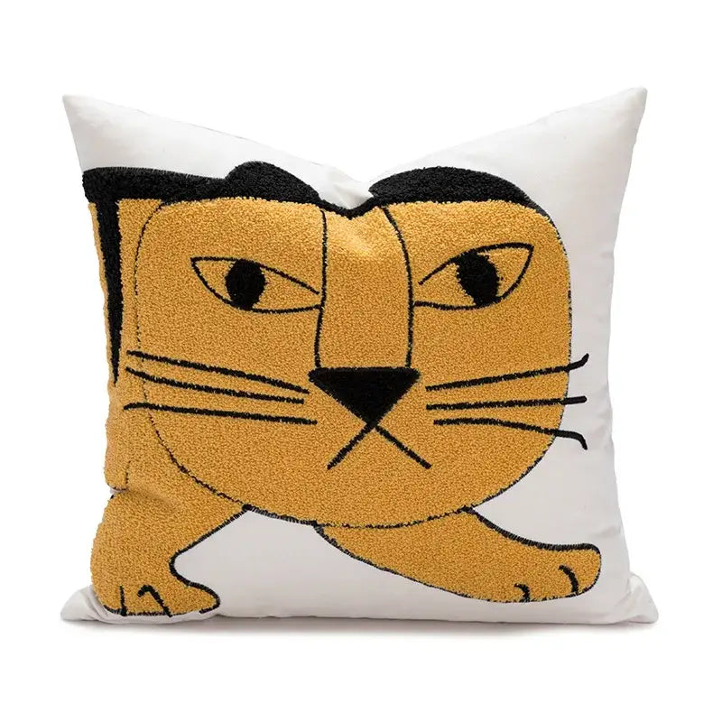 Cartoon tiger embroidered yellow cotton pillow cover bedroom