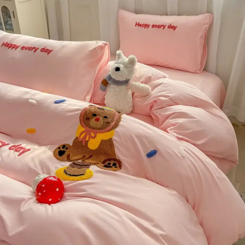 Cartoon towel embroidery light blue bedding set bedroom duvet cover
