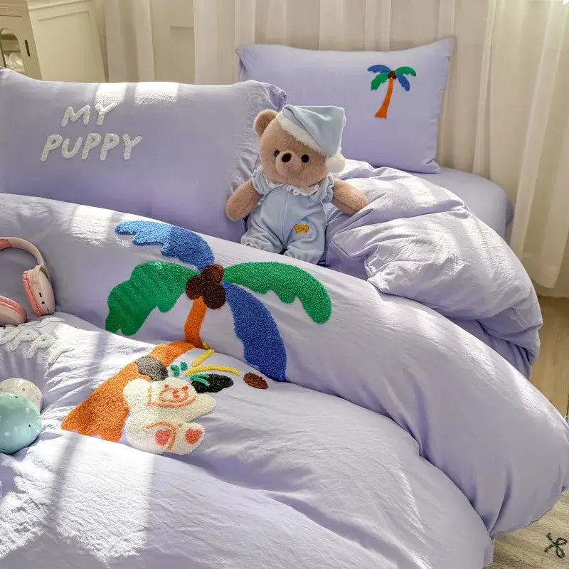 Cartoon towel embroidery light blue bedding set bedroom duvet cover