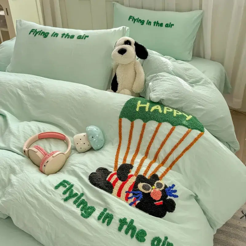 Cartoon towel embroidery light blue bedding set bedroom duvet cover