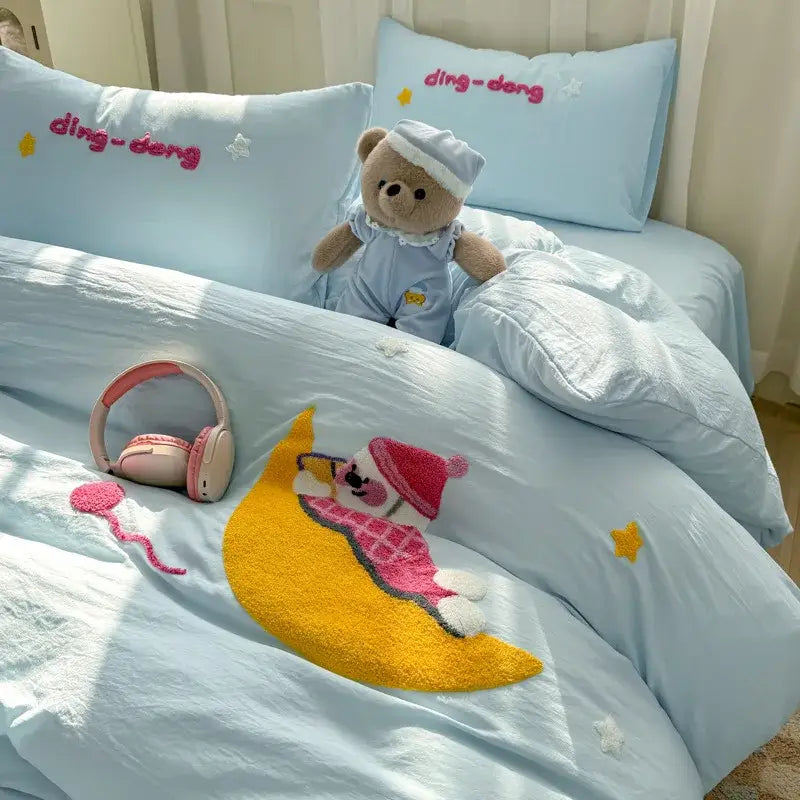 Cartoon towel embroidery light blue bedding set bedroom duvet cover