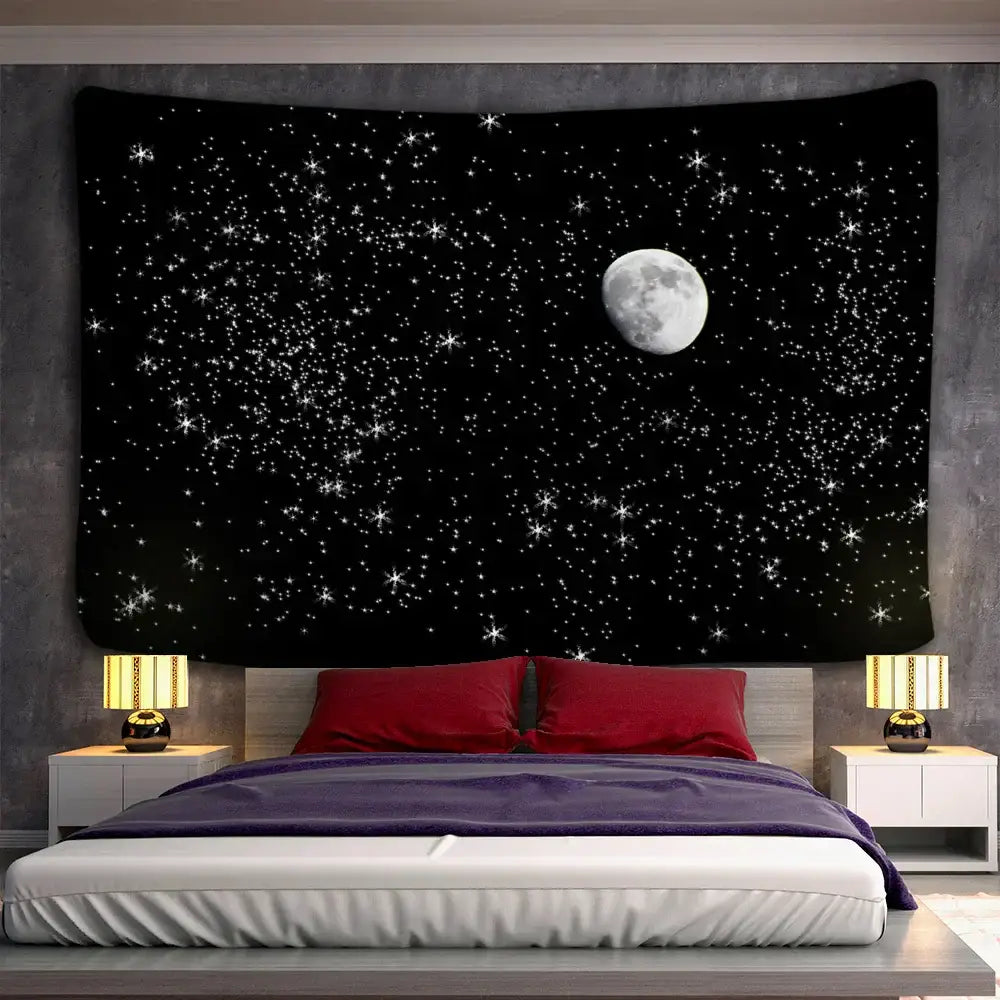 Celestial black & white stars mandala tapestry bedroom wall decor