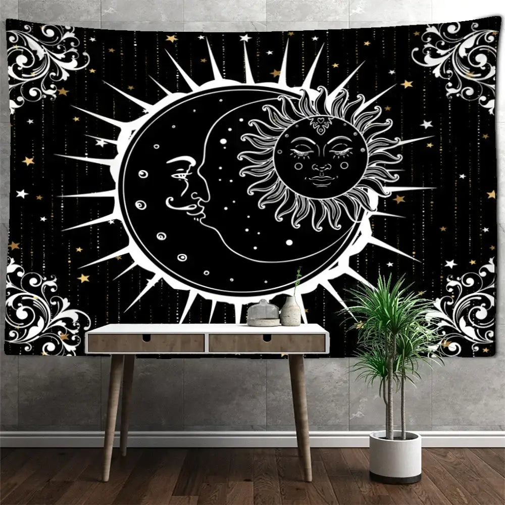 Celestial mandala hippie black & white wall hanging bedroom tapestry