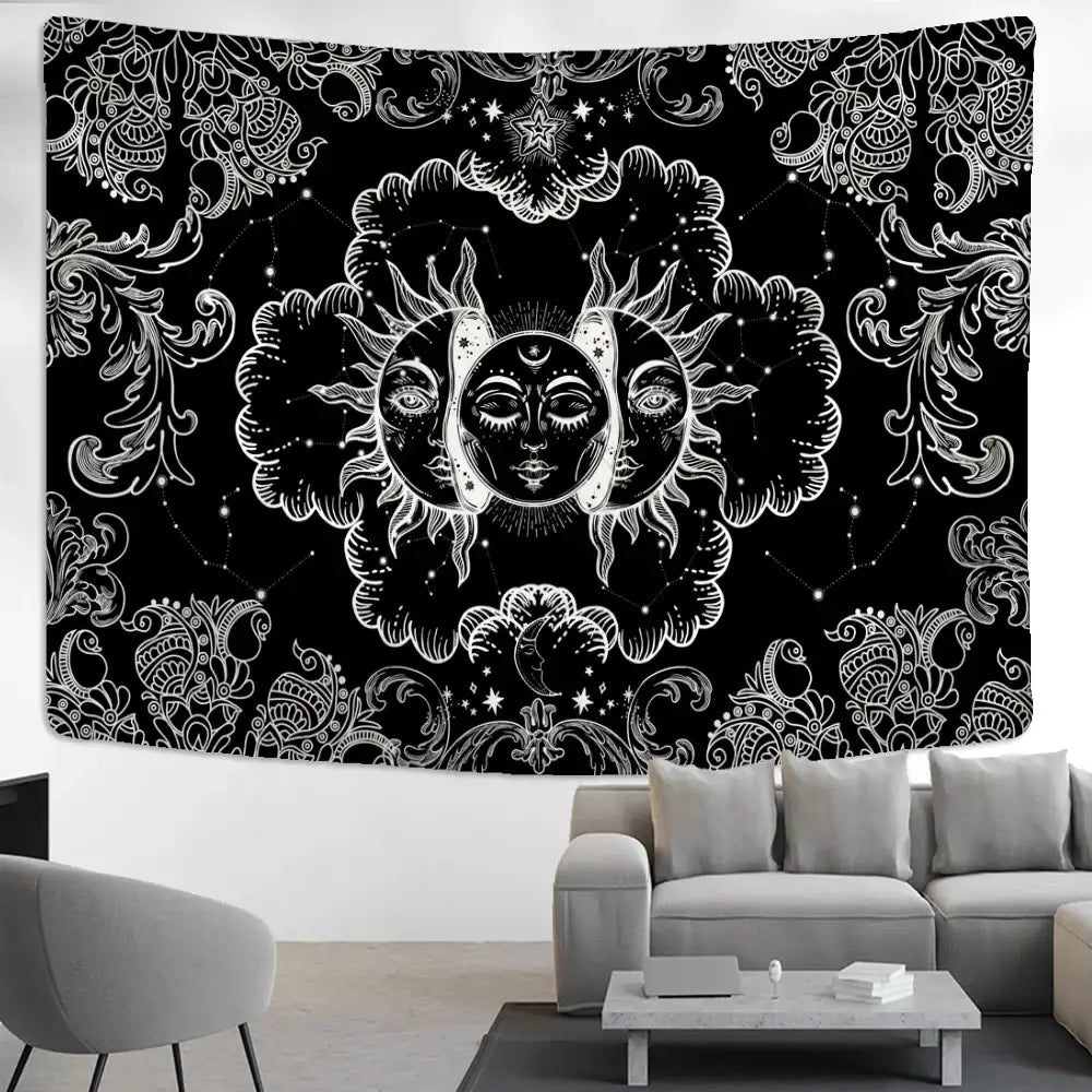Celestial mandala hippie black & white wall hanging bedroom tapestry