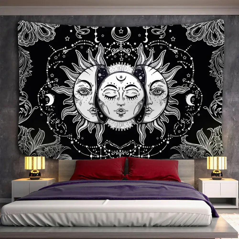 Celestial mandala tapestry black & white wall hanging bedroom decor