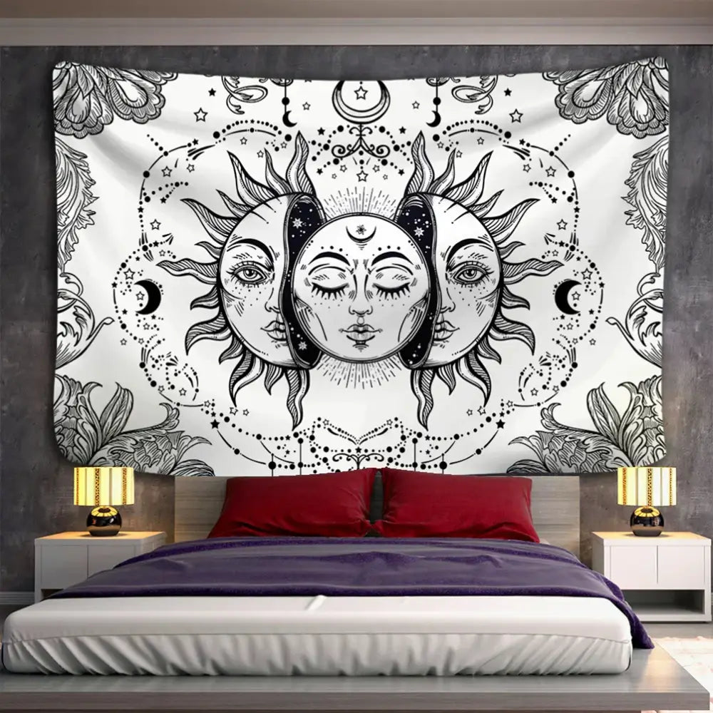 Celestial mandala tapestry black & white wall hanging bedroom decor