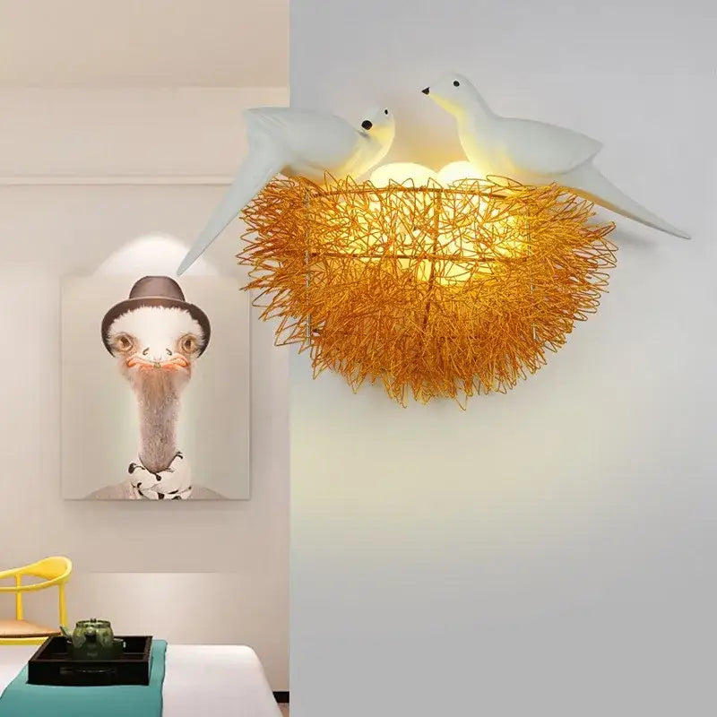 Ceramic bird and golden nest led wall lamp bedroom sconce