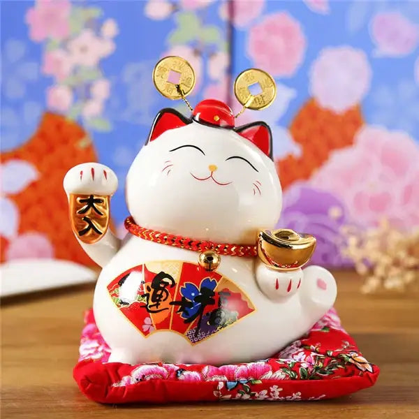 Ceramic maneki neko piggy bank floral white living room decor