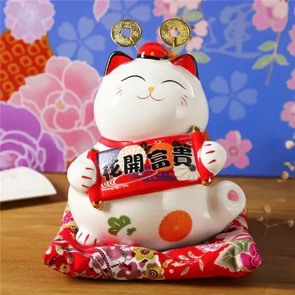 Ceramic maneki neko piggy bank floral white living room decor