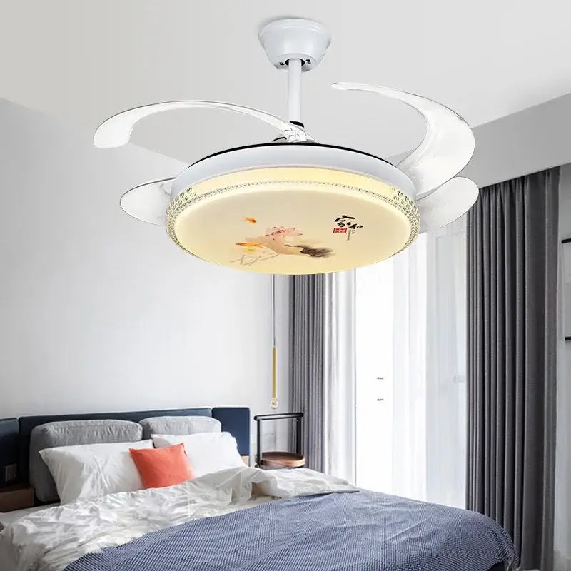 Chinese style white dimmable ceiling fan light bedroom smart fan