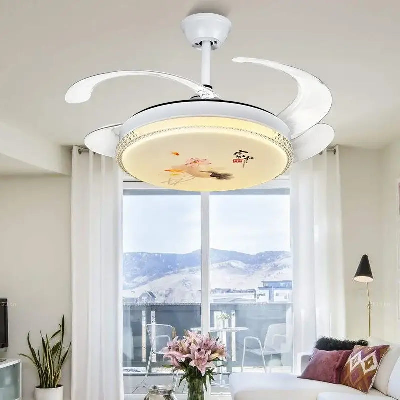 Chinese style white dimmable ceiling fan light bedroom smart fan