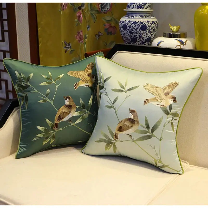 Chinoiserie golden yellow birds branches embroidered pillow covers living room