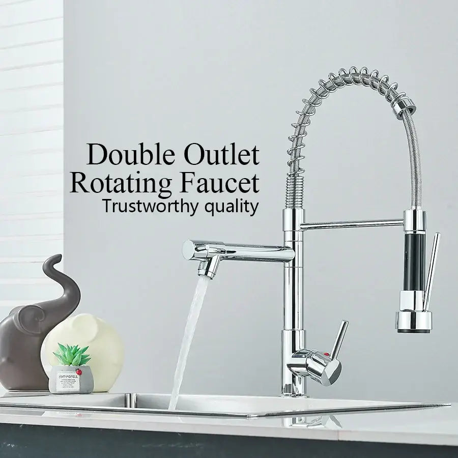 Chrome and black dual spout brass kitchen sink faucet