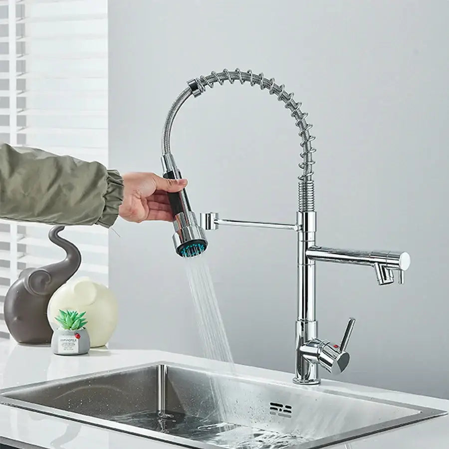 Chrome and black dual spout brass kitchen sink faucet