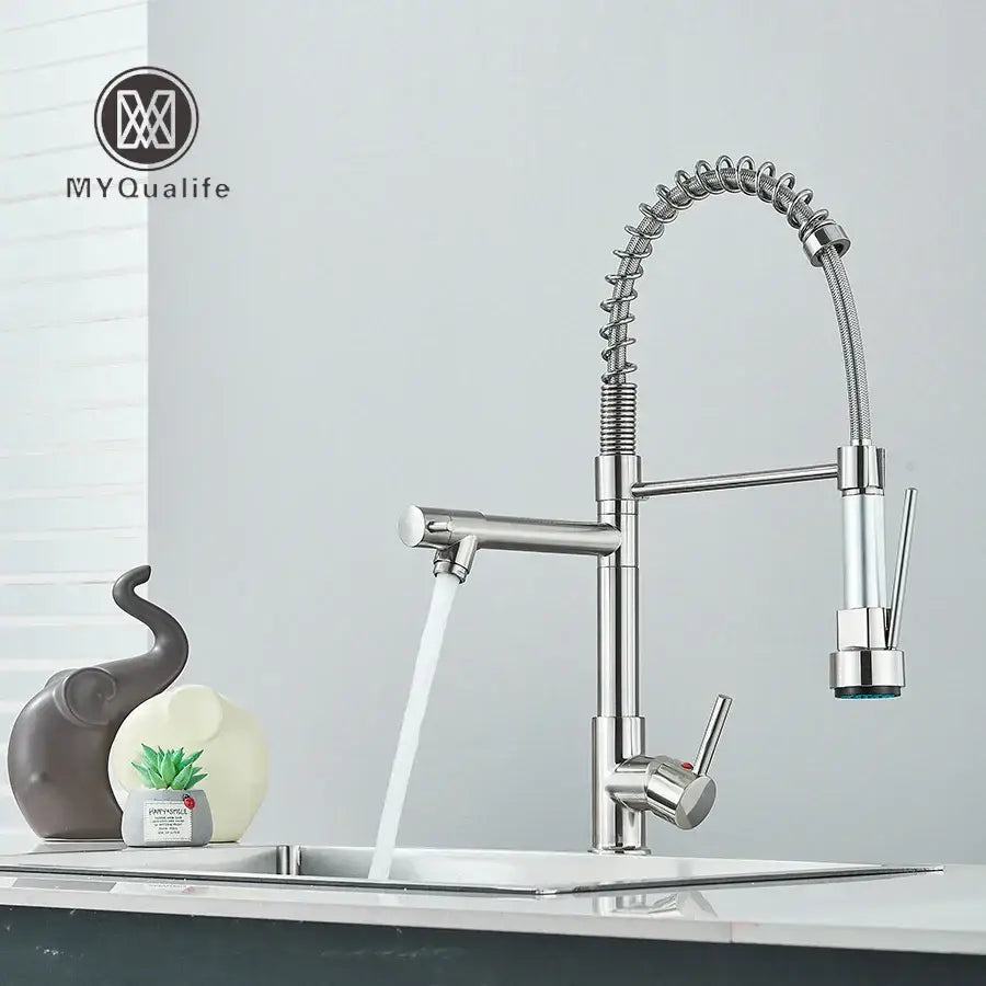 Chrome and black dual spout brass kitchen sink faucet
