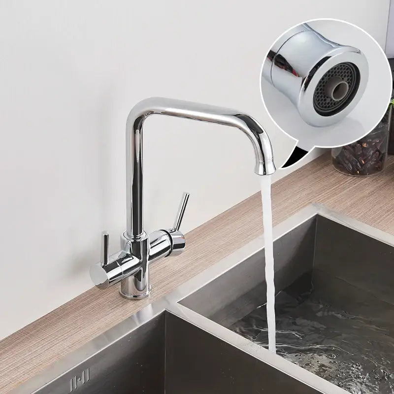 Chrome dual spout filter faucet kitchen sink tap with 360 rotation