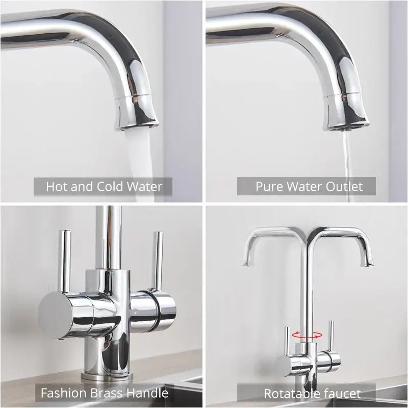 Chrome dual spout filter faucet kitchen sink tap with 360 rotation