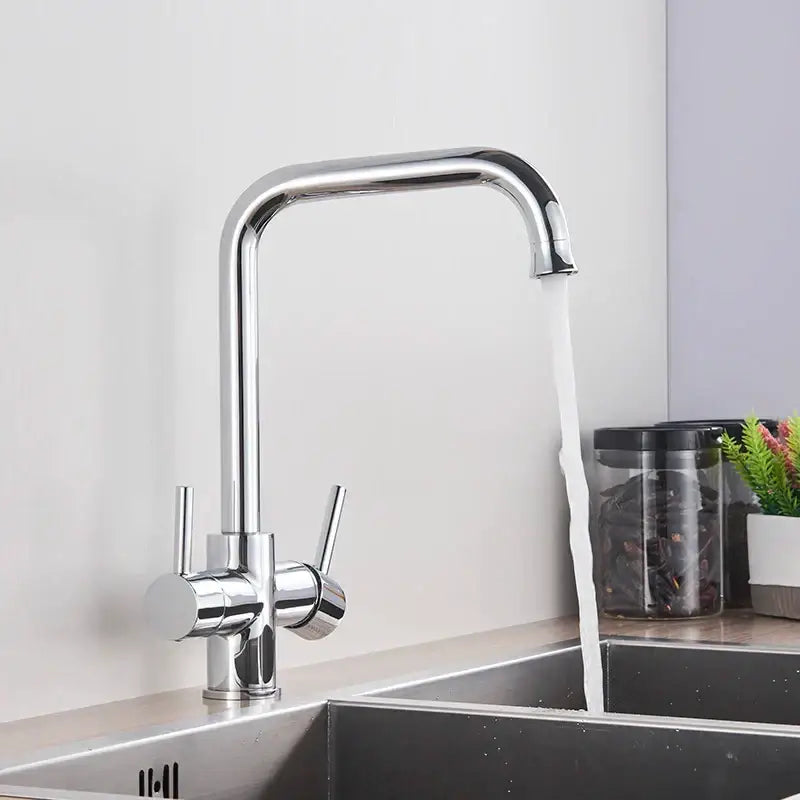 Chrome dual spout filter faucet kitchen sink tap with 360 rotation