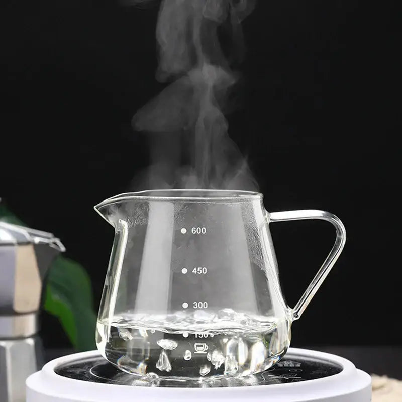 Clear glass coffee pot with measurement markings for kitchen