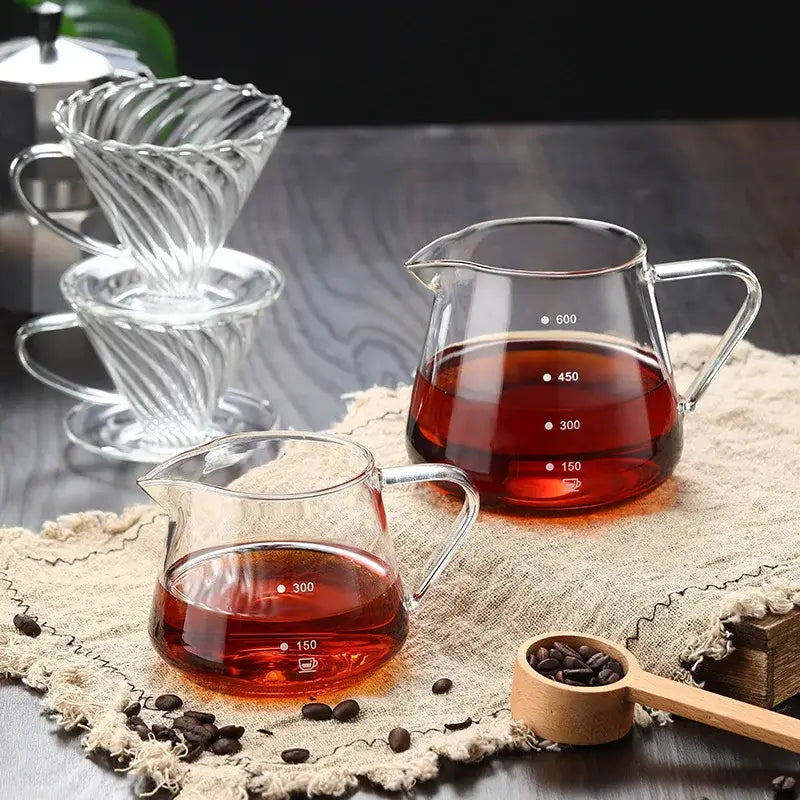 Clear glass coffee pot with measurement markings for kitchen