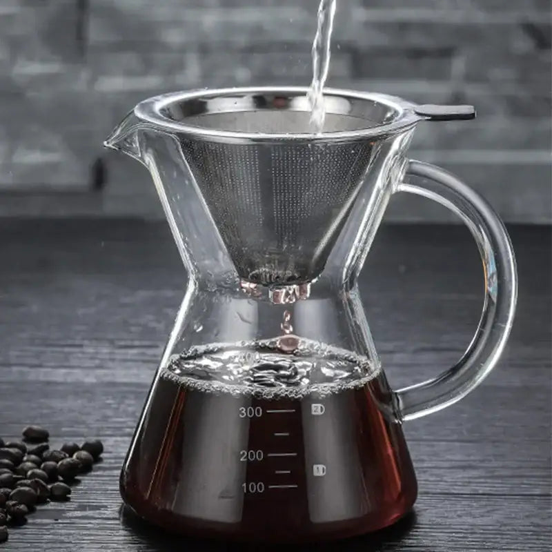 Clear glass coffee pot with stainless steel filter kitchen coffeeware