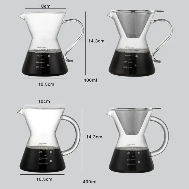 Clear glass coffee pot with stainless steel filter kitchen coffeeware