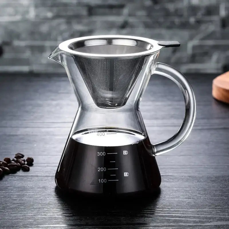 Clear glass coffee pot with stainless steel filter kitchen dripper