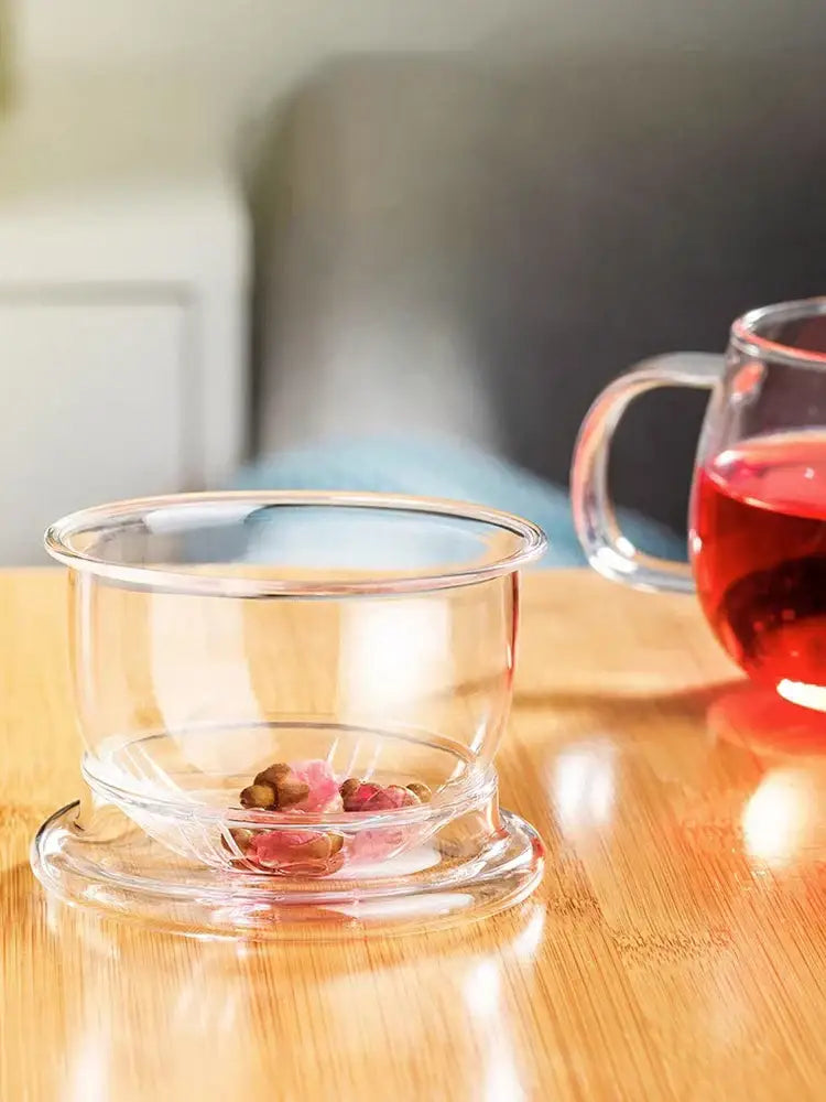 Clear glass floral tea cup with filter and lid kitchen teaware