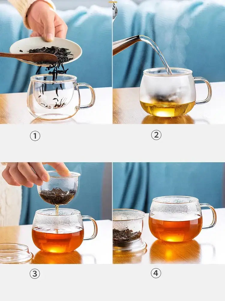 Clear glass floral tea cup with filter and lid kitchen teaware
