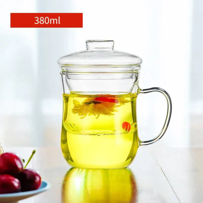 Clear glass floral tea cup with filter and lid kitchen teaware