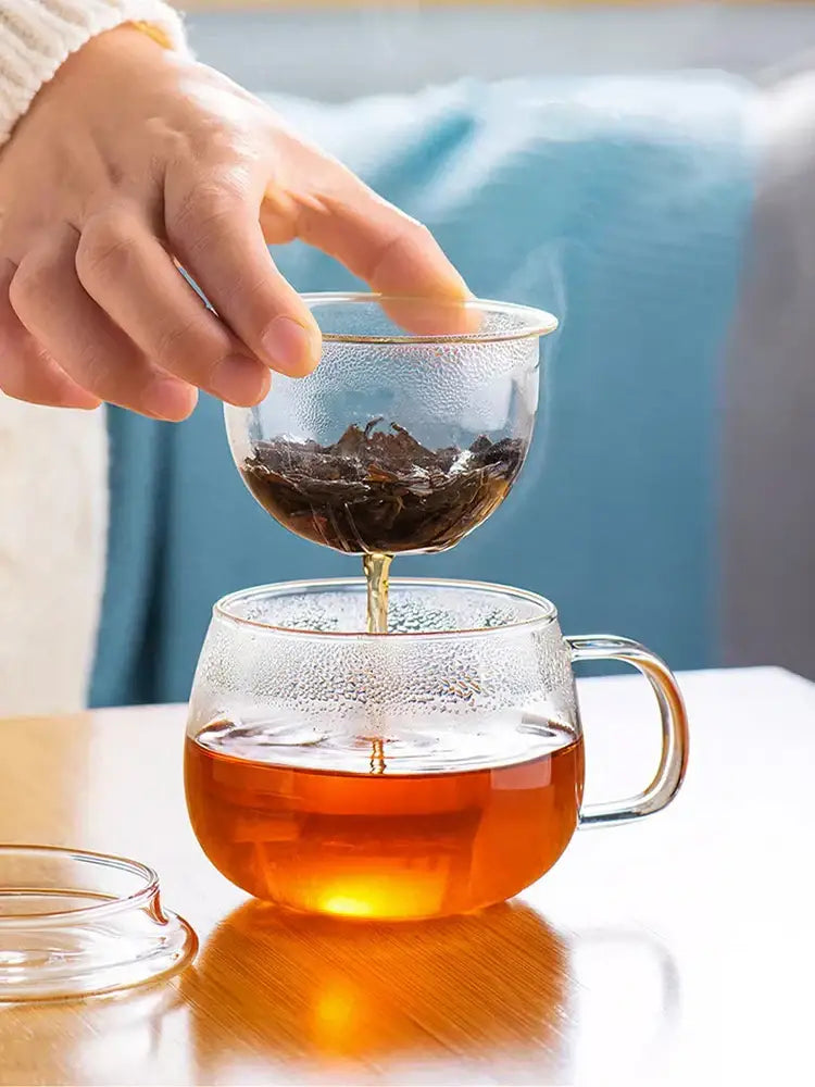 Clear glass floral tea cup with filter and lid kitchen teaware