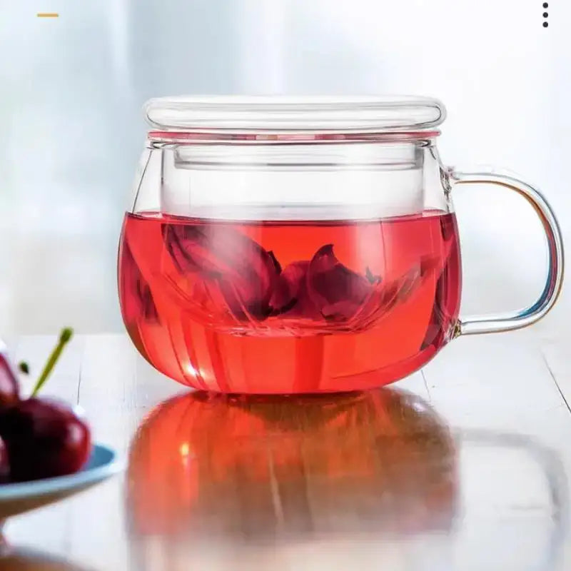 Clear glass floral tea cup with filter and lid kitchen teaware
