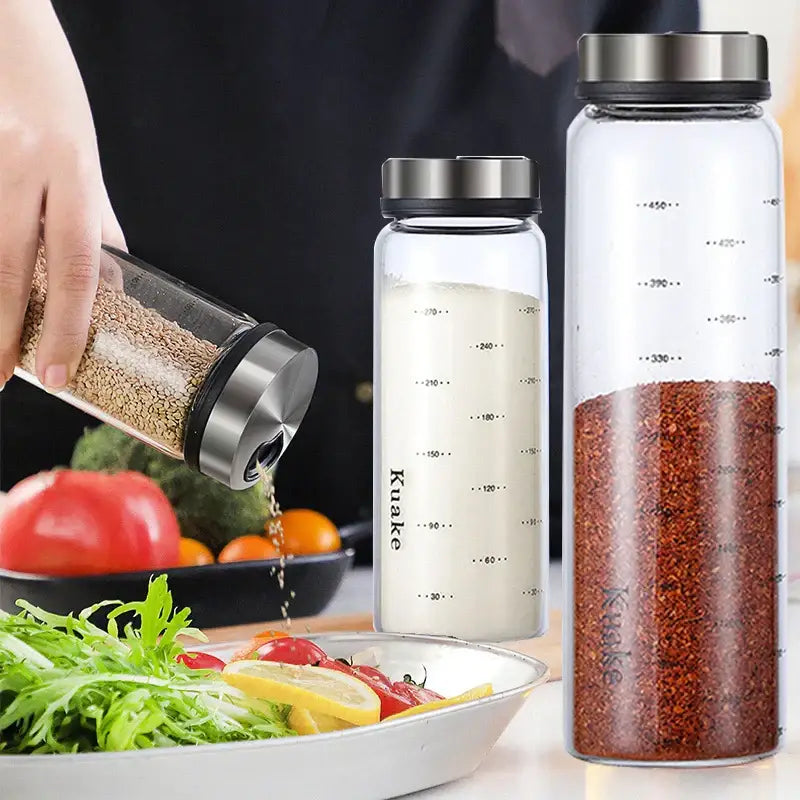 Clear glass spice shaker with rotary lid kitchen storage jar
