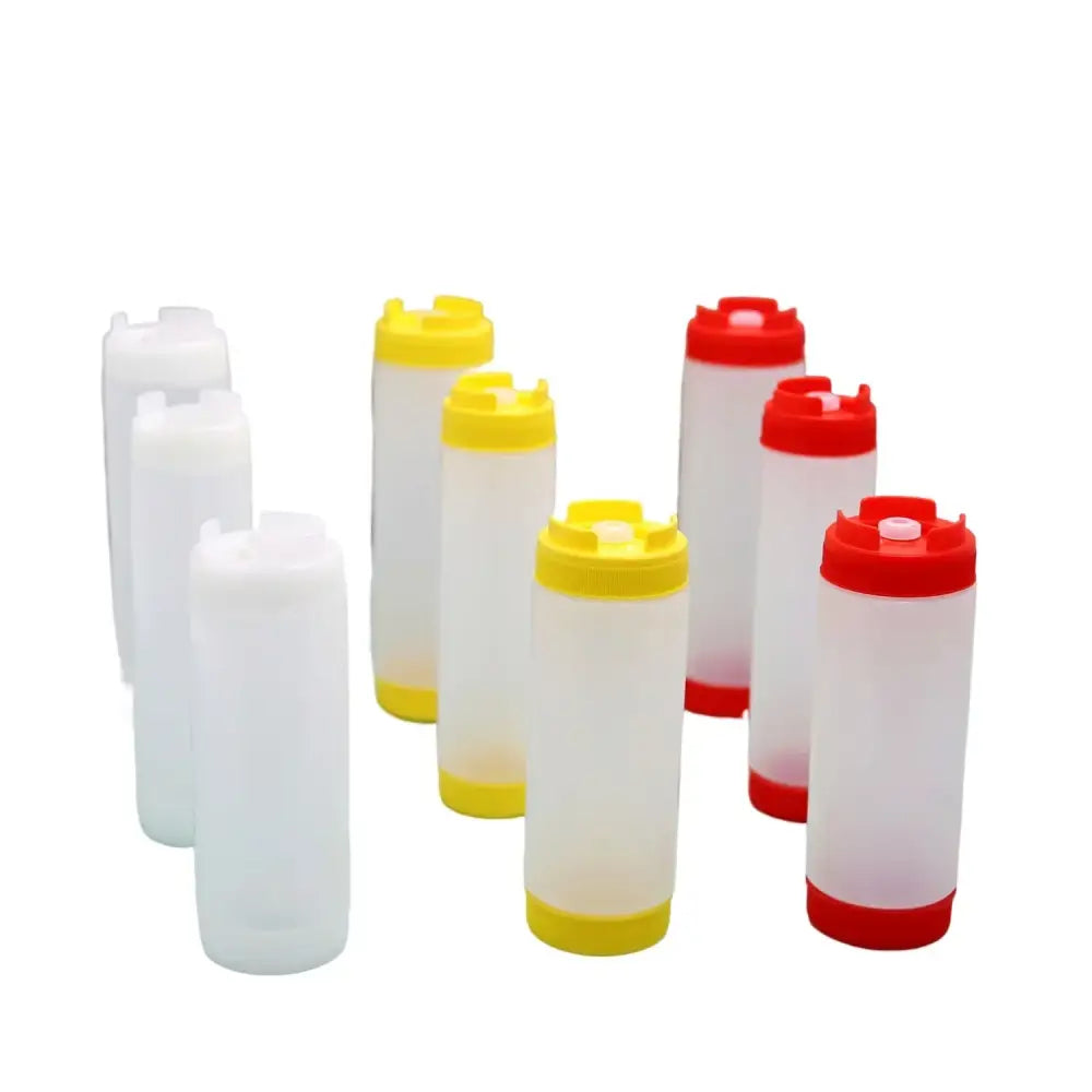 Clear red white & yellow tomato squeeze bottle kitchen set