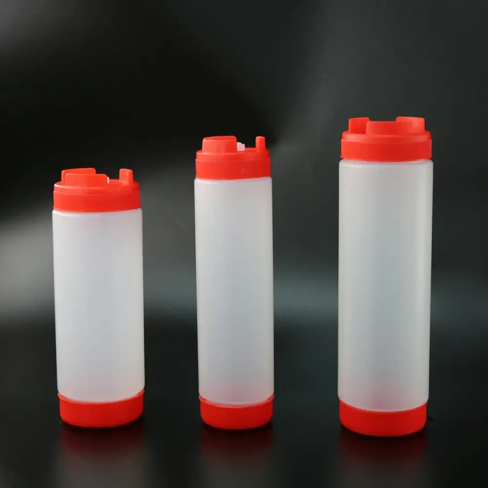 Clear red white & yellow tomato squeeze bottle kitchen set