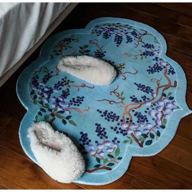 Cloud shaped teal and purple wisteria door mat bedroom rug
