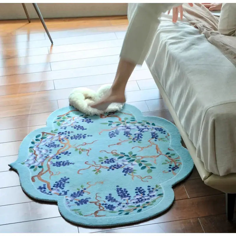 Cloud shaped teal and purple wisteria door mat bedroom rug