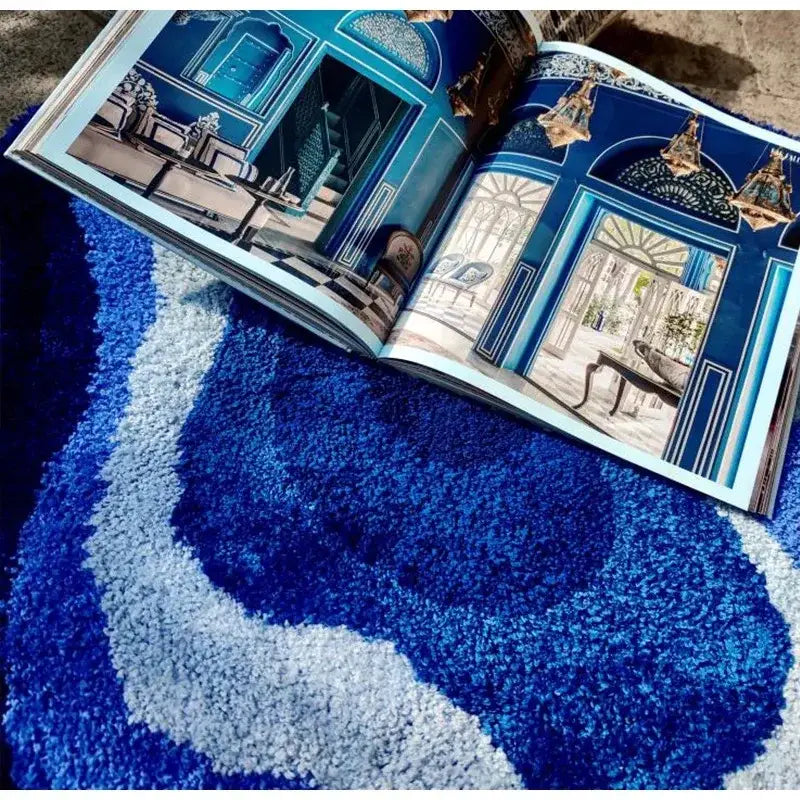 Cloudy blues wavy retro bath mat plush geode rug bathroom decor