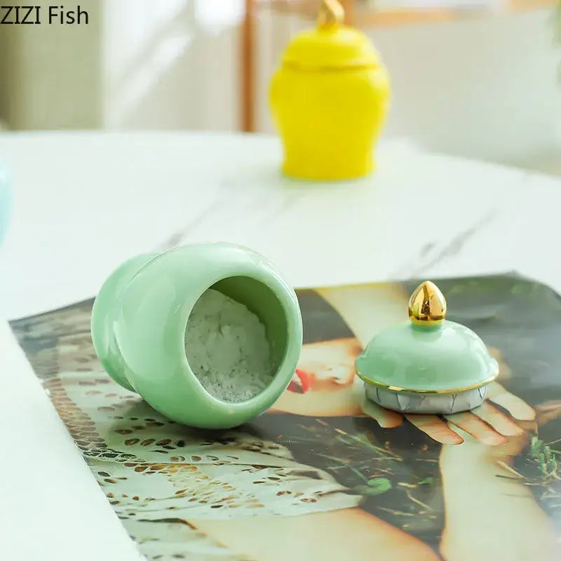 Colorful ceramic storage jar with gold lid kitchen tea caddy