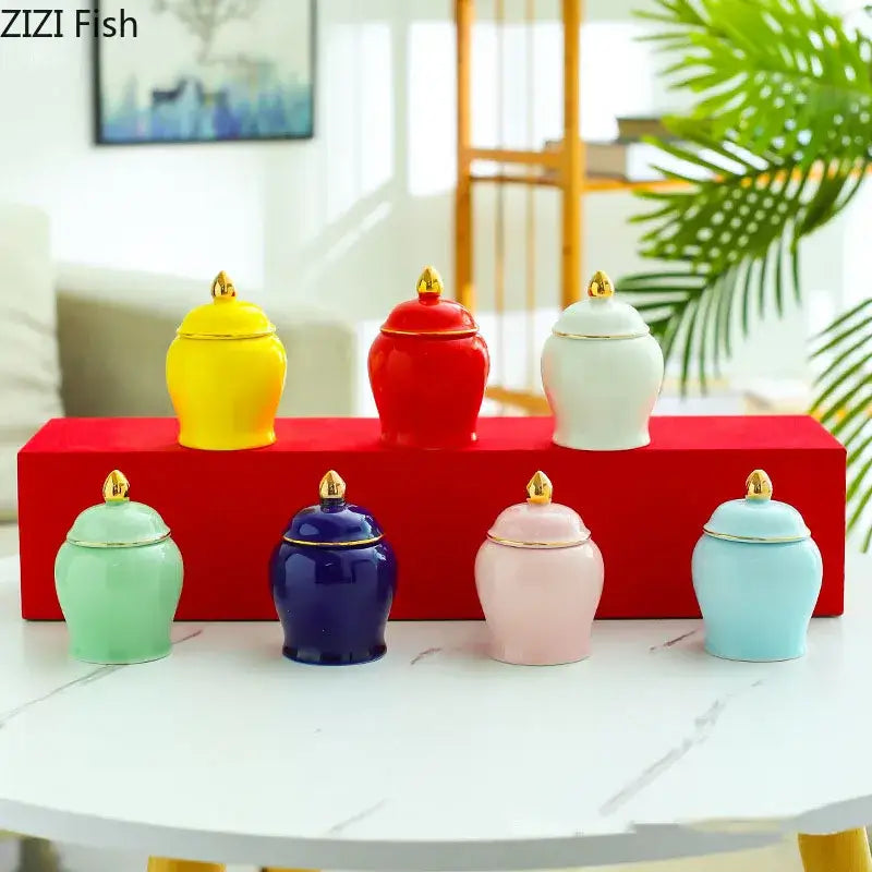 Colorful ceramic storage jar with gold lid kitchen tea caddy