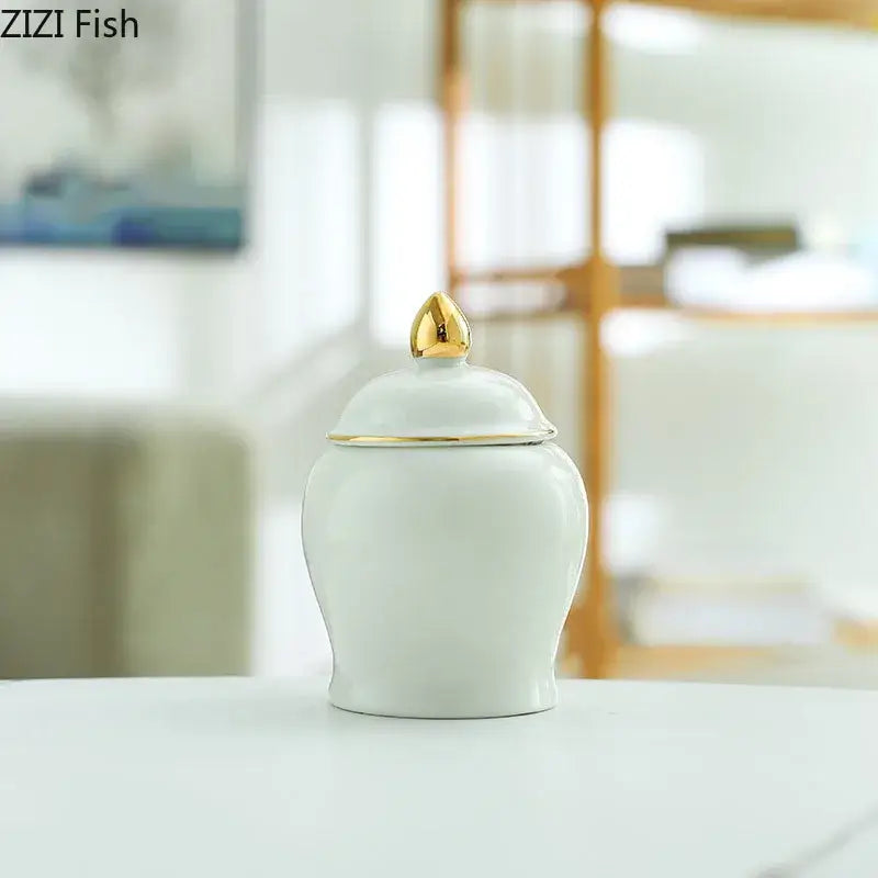 Colorful ceramic storage jar with gold lid kitchen tea caddy