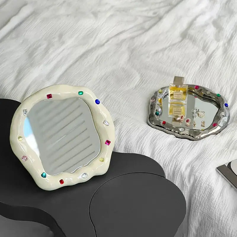 Colorful gemstone cream ceramic makeup mirror irregular edge bedroom