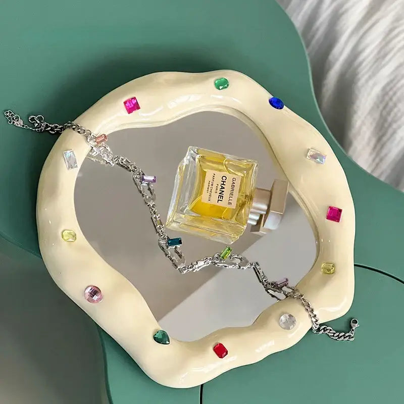 Colorful gemstone cream ceramic makeup mirror irregular edge bedroom