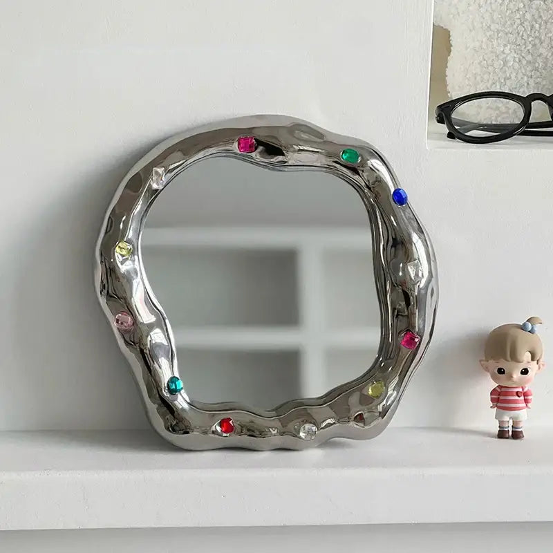 Colorful gemstone cream ceramic makeup mirror irregular edge bedroom