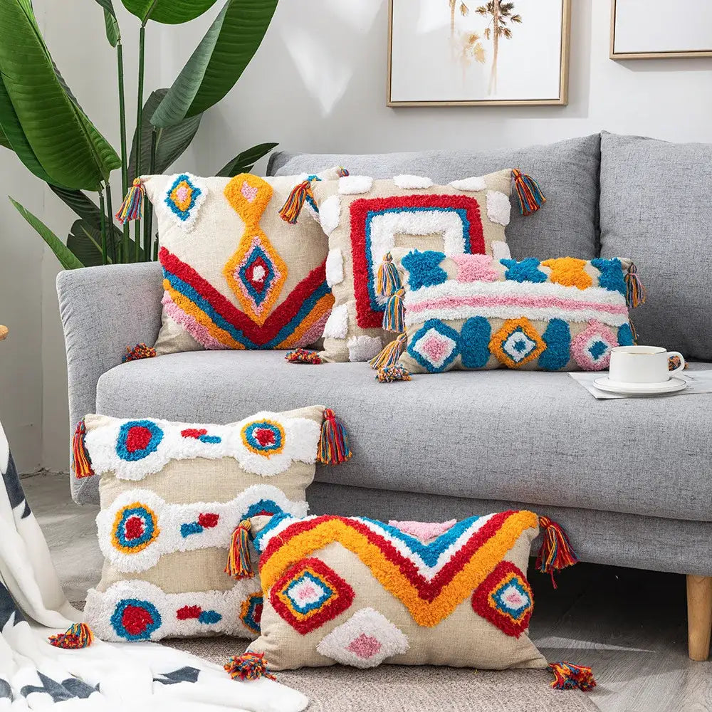 Colorful geometric tassel pillowcase bedroom hand embroidered decor