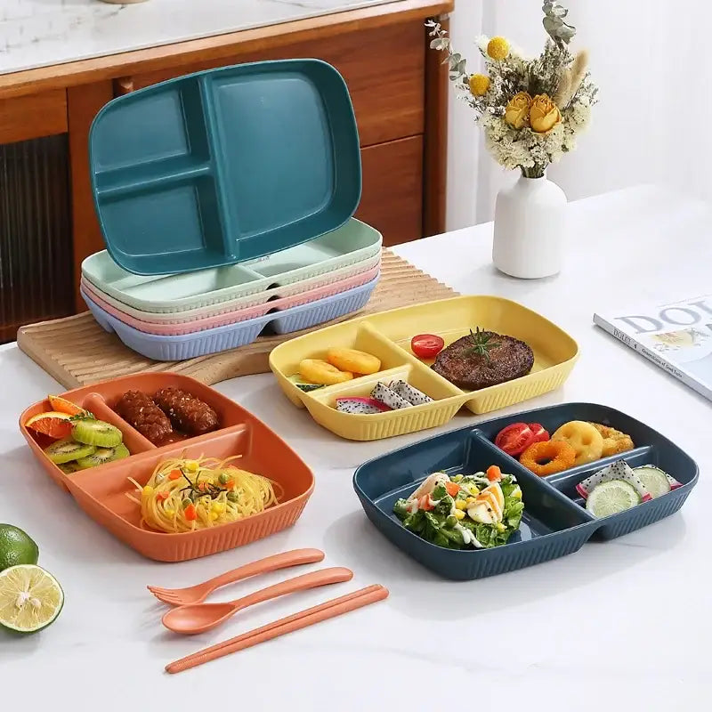 Colorful ribbed divided dish diet plate set with utensils dining room
